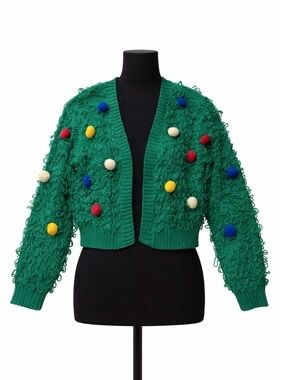 Mighty Fine Green Knit Pom Pom Cardigan Sweater Large Open Front Ugly Christmas